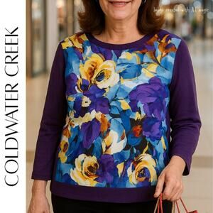 COLDWATER CREEK Blue Floral Pullover Top, L/14